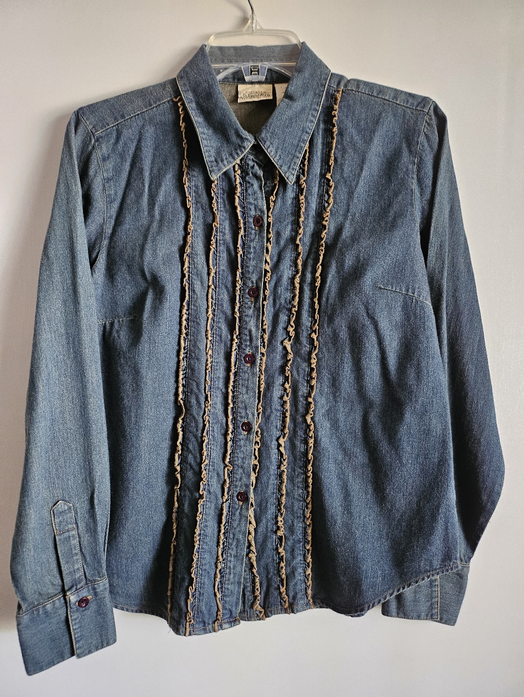 Vintage St Johns Bay Womens Md Button Up Peasant Ruffle Pleated Denim Shirt Blue